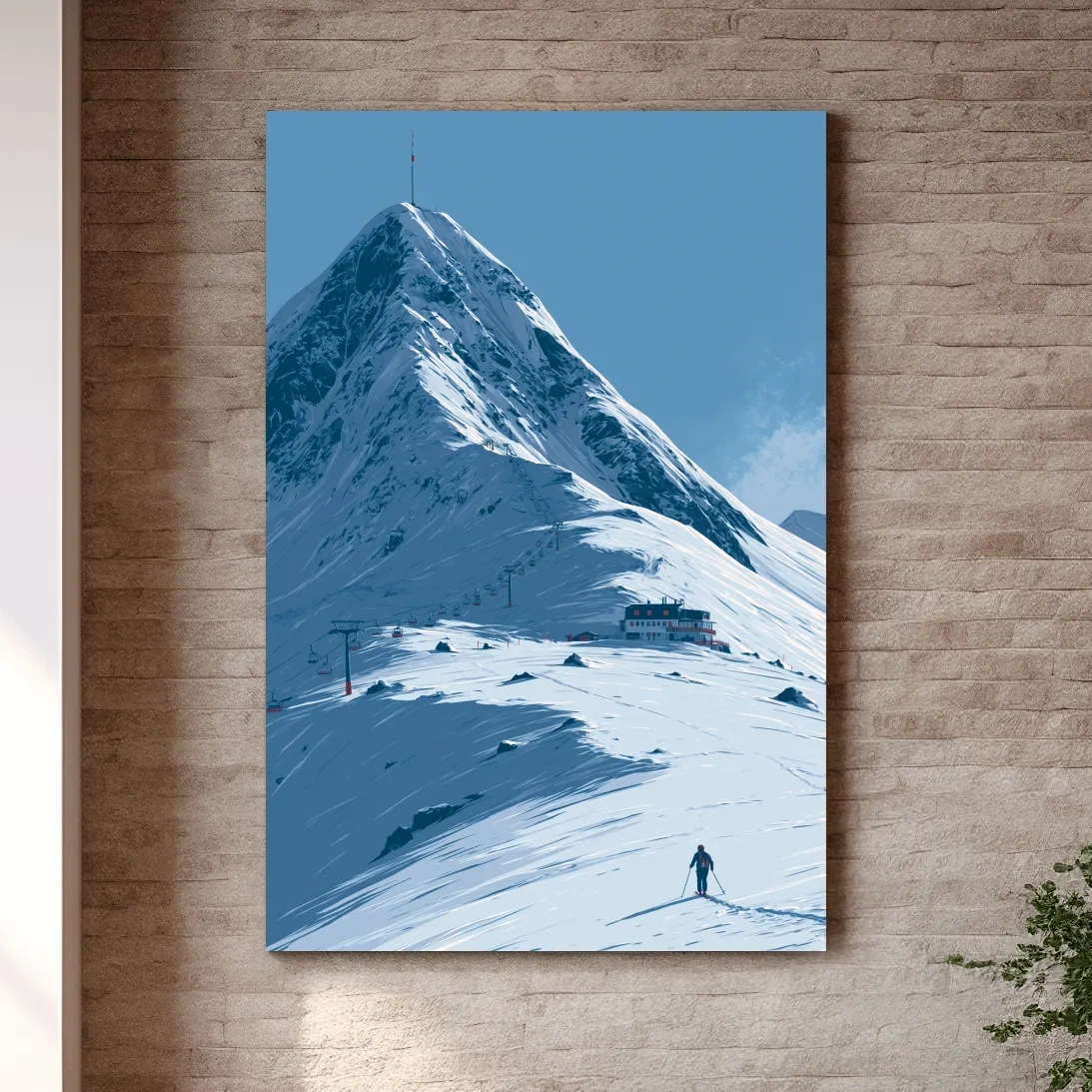 Alpine Mountain Skier Artwork - Minimalist Winter Landscape Wall Art