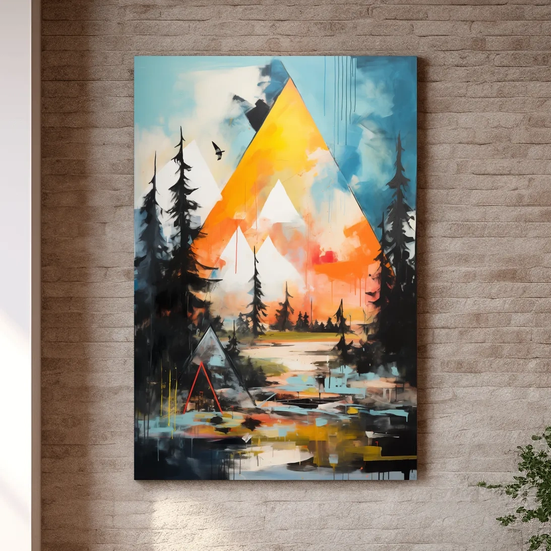 Vibrant Abstract Mountain Painting - Modern Geometric Alpine Forest Wall Art
