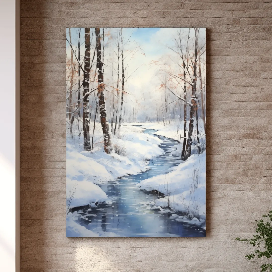 Serene Winter River Forest Painting - Snowy Woodland Wall Art