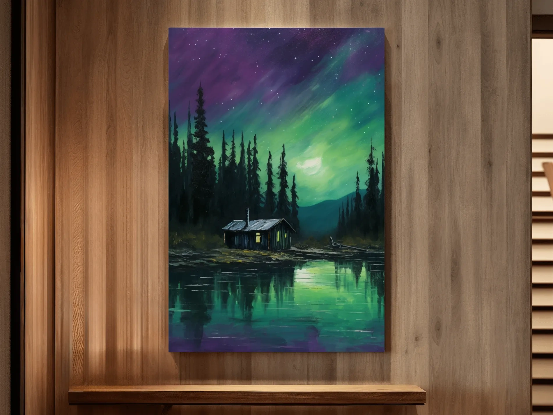Painting of cabin by a lake under the northern lights night sky