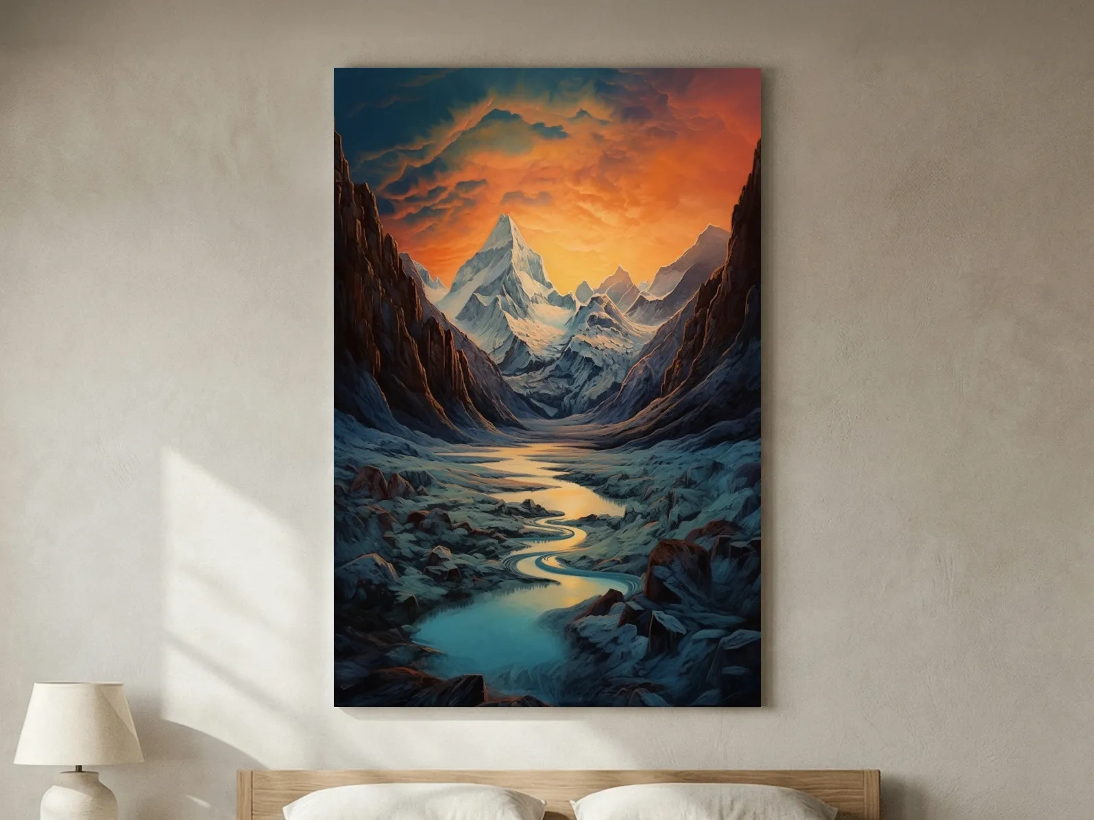 Oil painting of a glacier at sunset