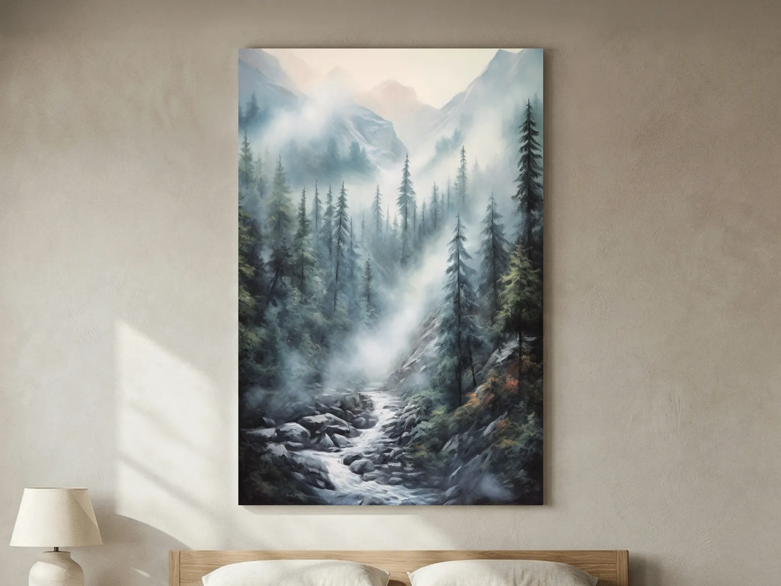Misty Alpine Pine Forest River Painting - Moody Mountain Landscape Wall Art