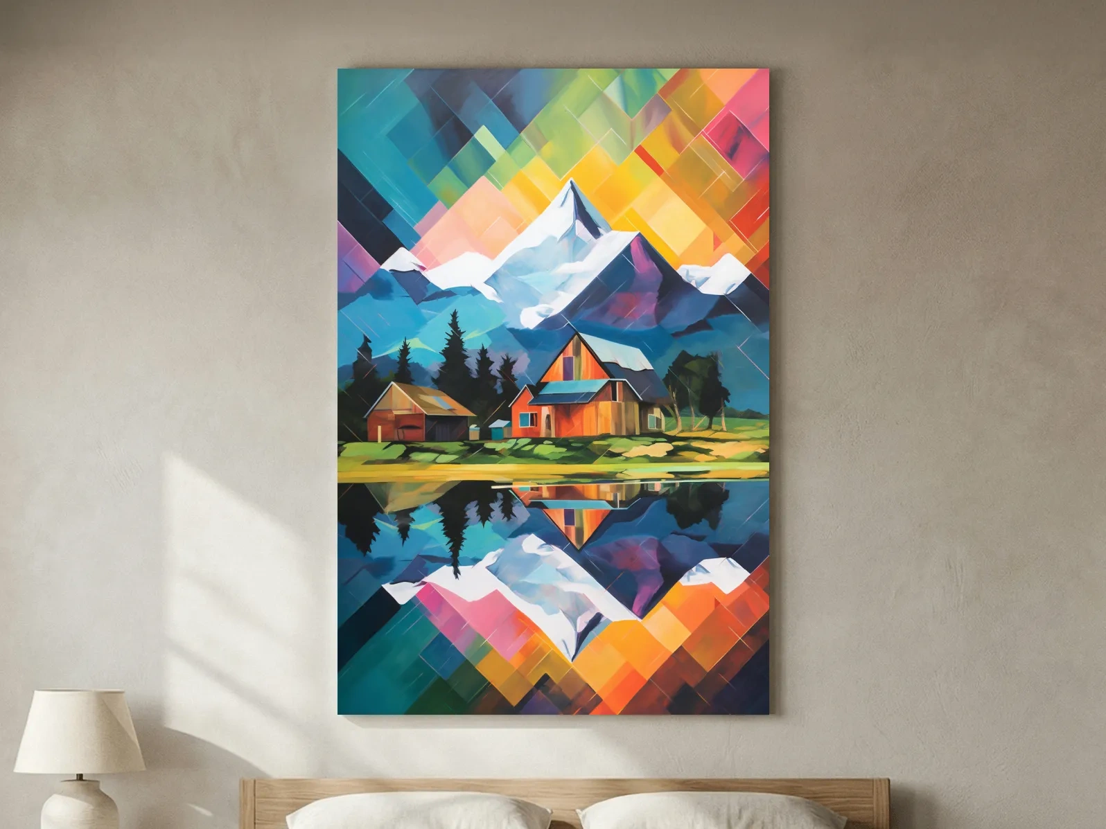 Vibrant Geometric Mountain Cabin Painting - Colorful Abstract Alpine Wall Art