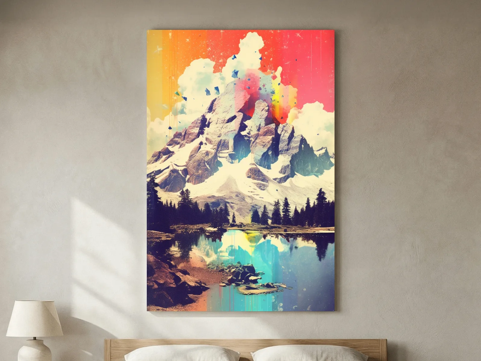Vibrant Abstract Mountain Lake Painting - Colorful Alpine Landscape Wall Art
