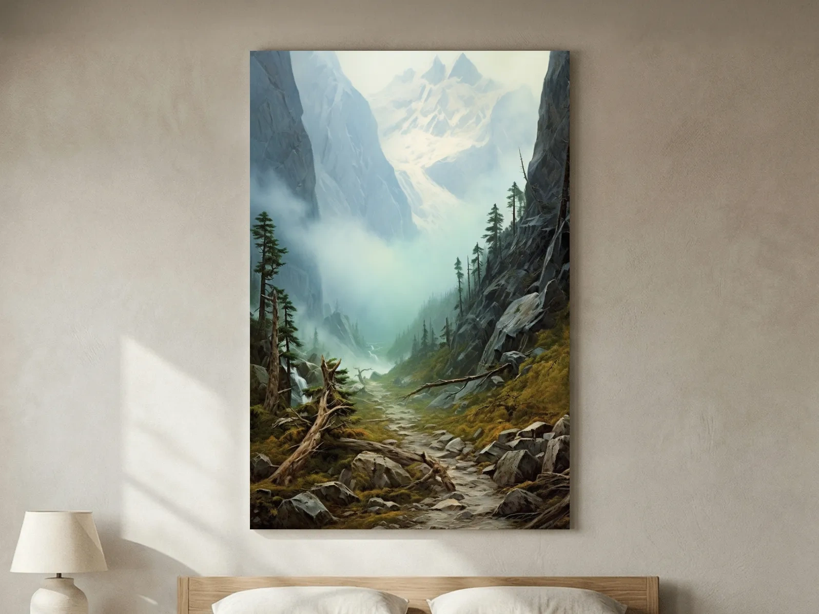 Misty Alpine Mountain Valley Painting - Foggy Pine Forest Wall Art