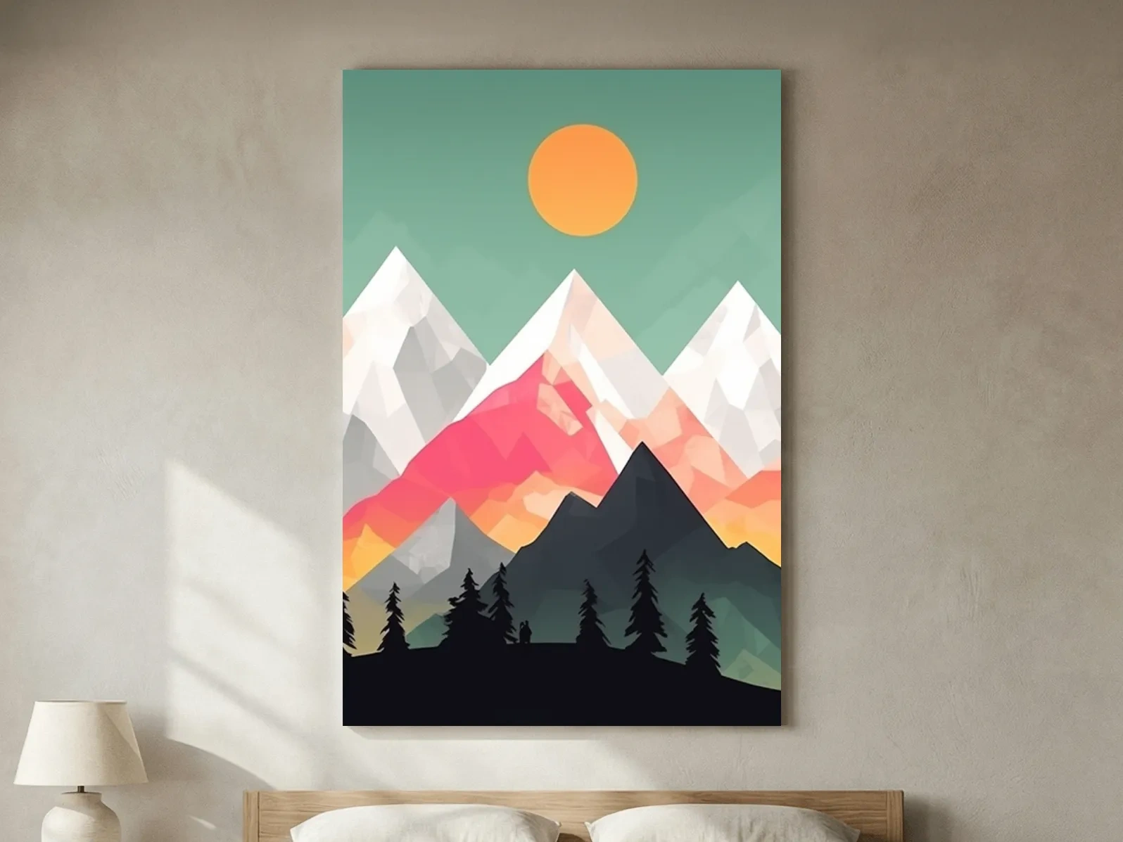 Geometric Sunset Mountain Peaks With Pine Silhouettes - Modern Colourful 2D Wall Art