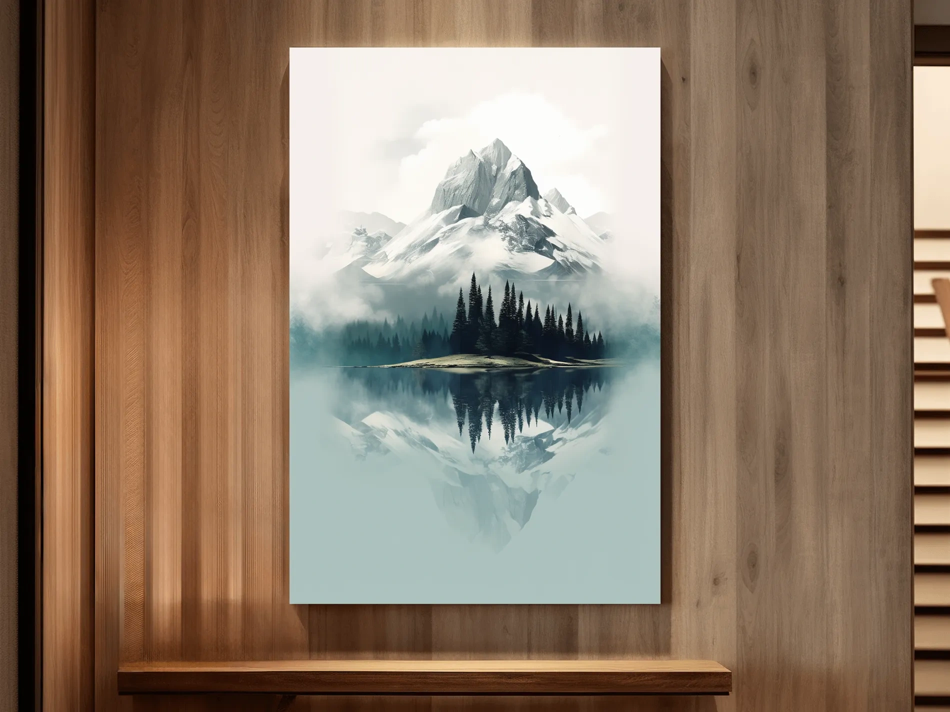 Misty Alpine Mountain Lake Reflection - Minimalist Watercolor Landscape Wall Art