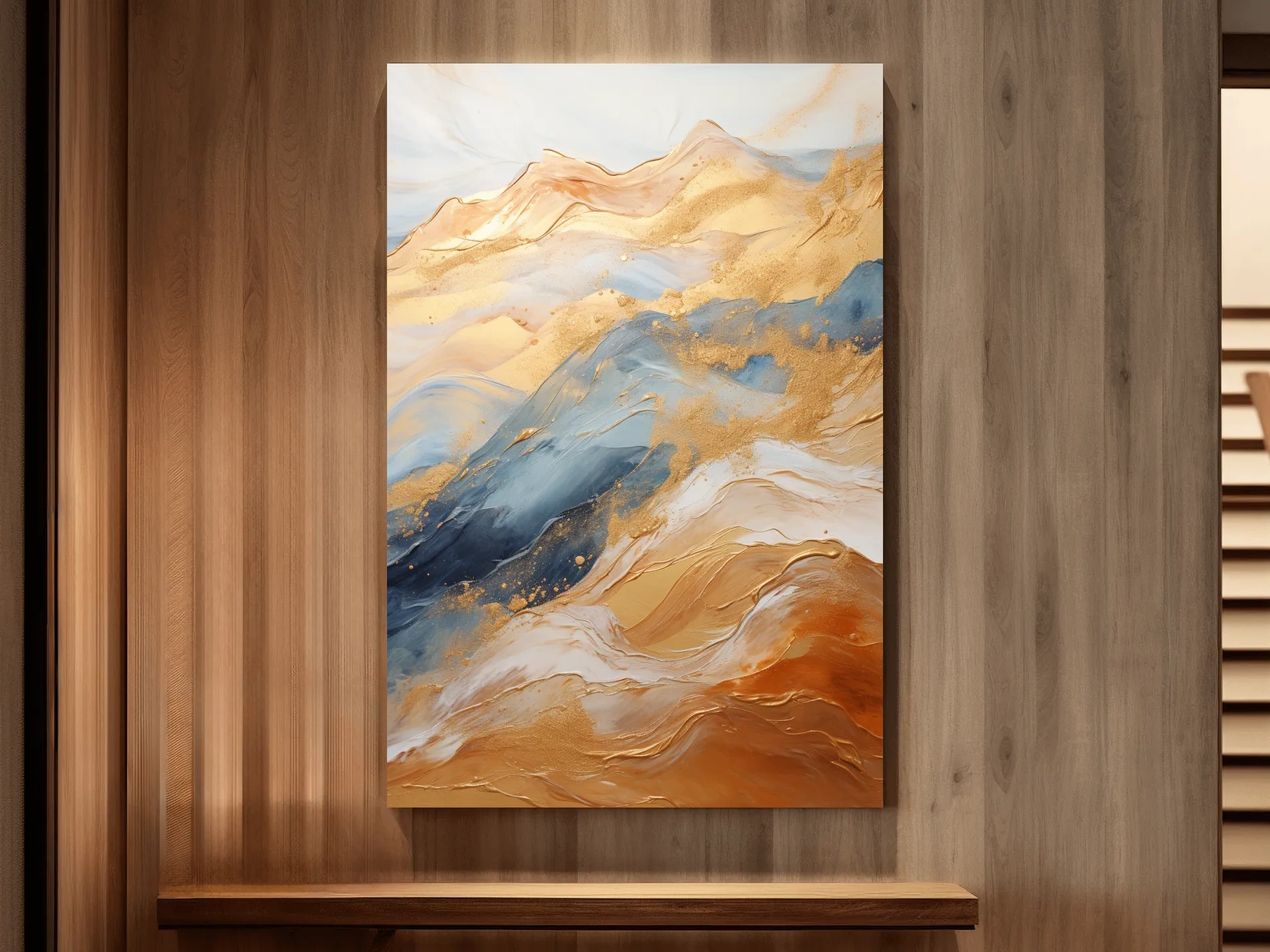 Abstract golden swirling painting forming mountains