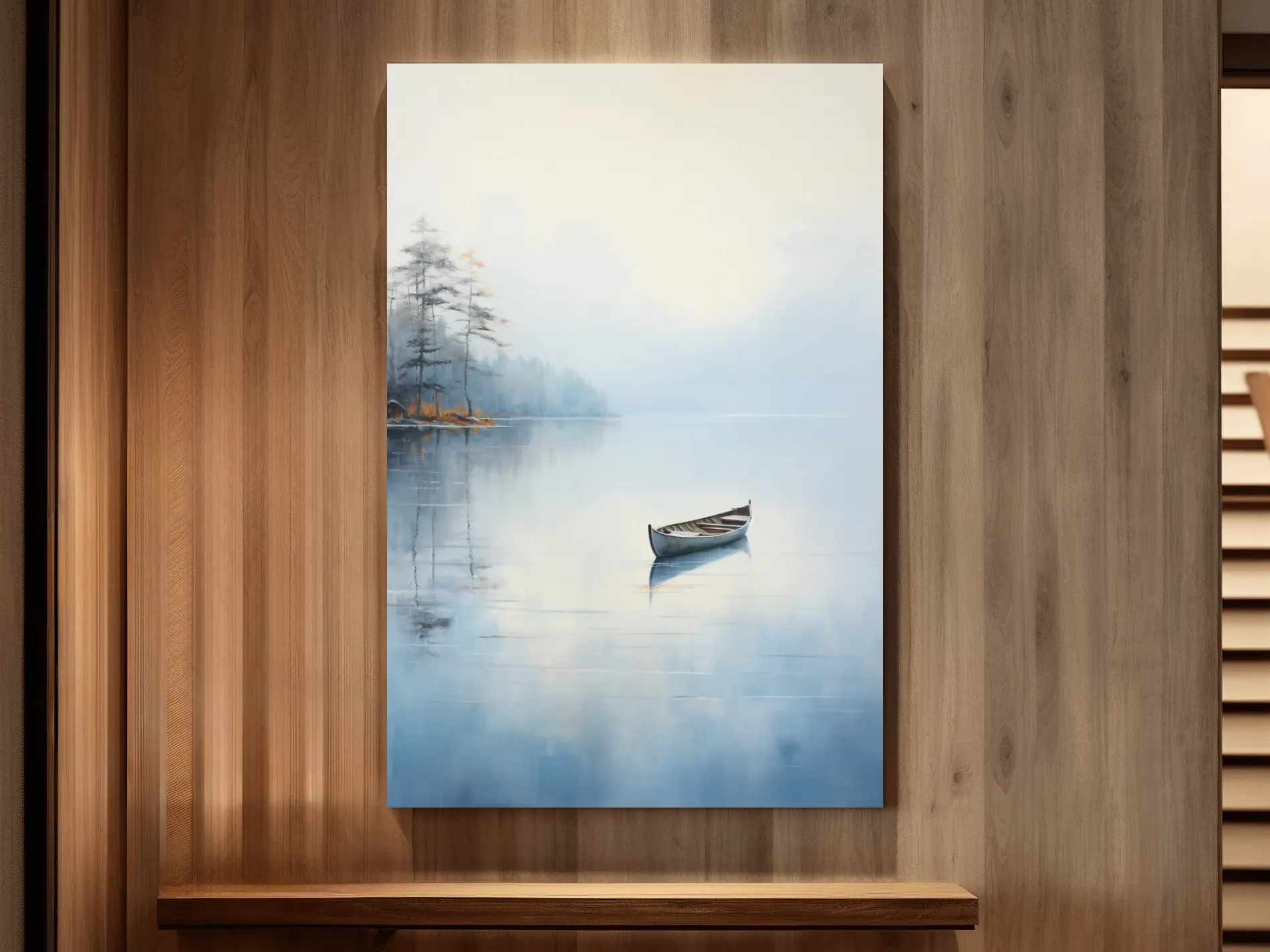Misty Lake Canoe Reflection Painting - Serene Minimalist Waterscape Wall Art