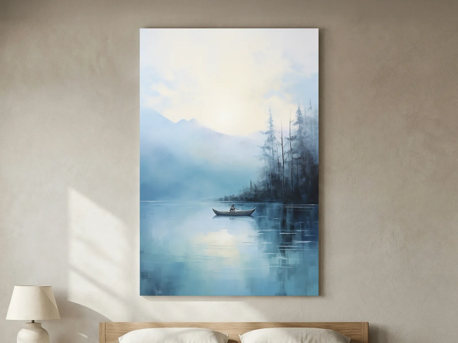 Misty Turquoise Mountain Lake Canoe Painting - Serene Forest Landscape Wall Art