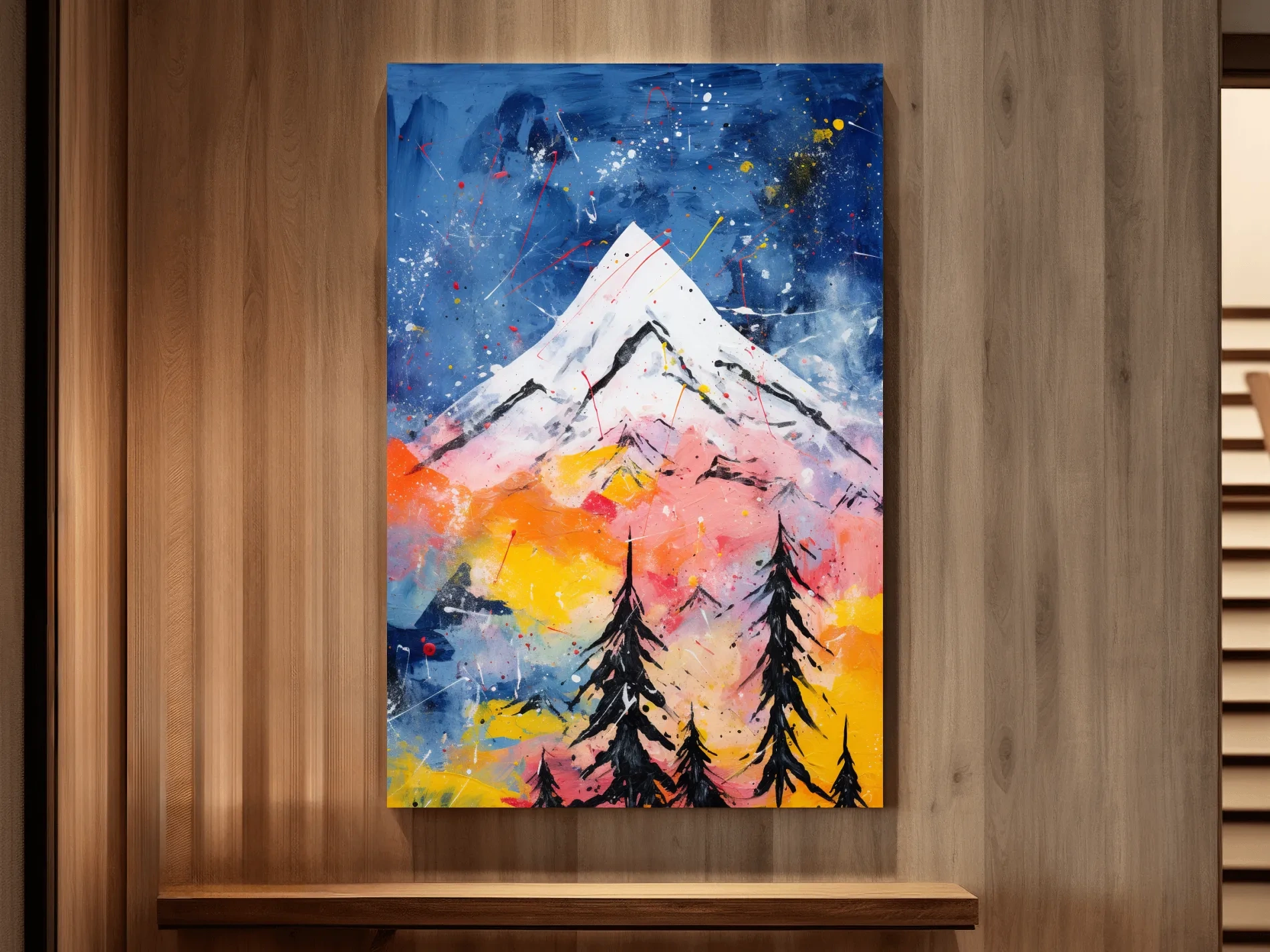 Vibrant Abstract Mountain Peak Sunset Painting - Colorful Acrylic Splash Forest Wall Art