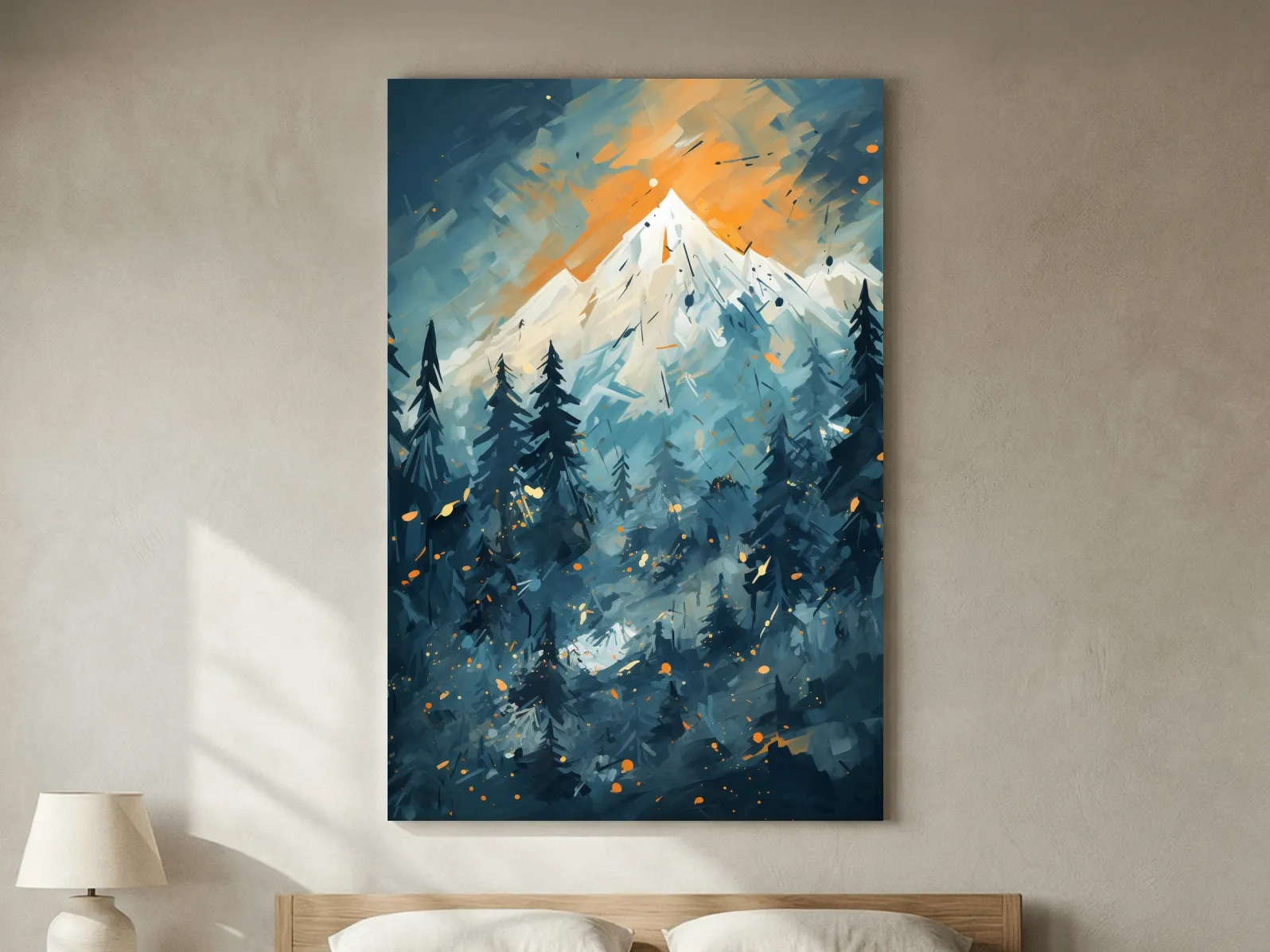 Abstract Snowy Mountain Peak Sunset - Moody Pine Forest Painting Wall Art