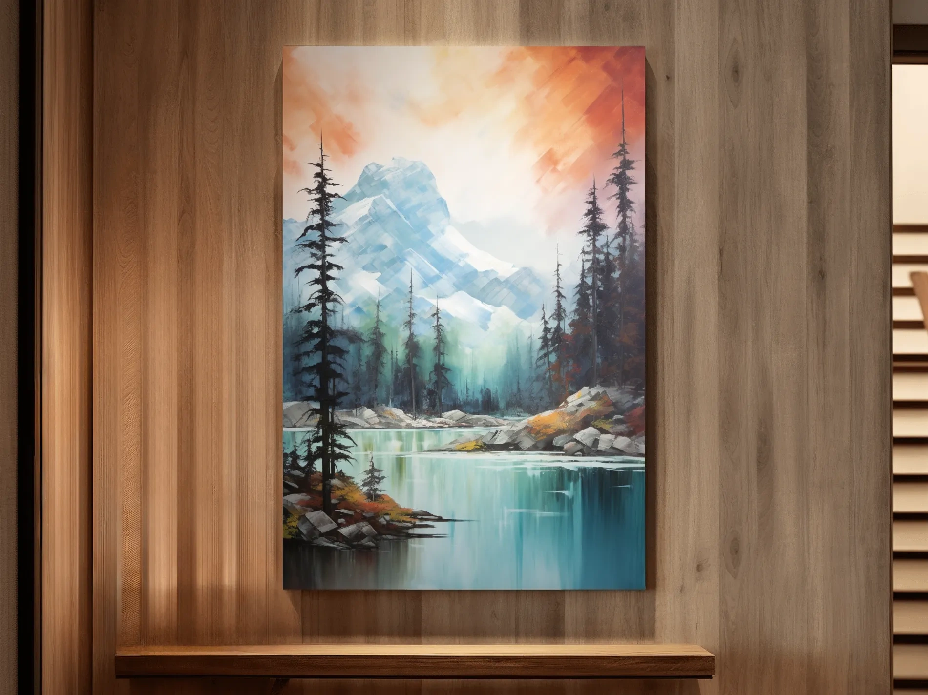 Turquoise Alpine Lake & Pine Forest Sunset Watercolor - Serene Mountain Landscape Wall Art