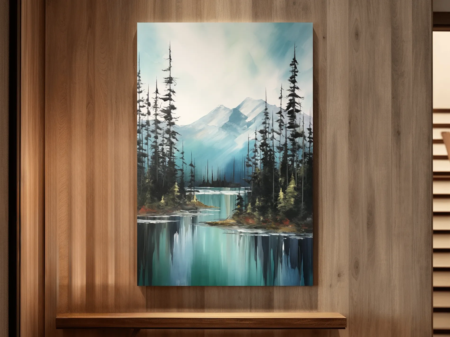 Alpine Turquoise Lake Watercolor Landscape - Serene Pine Forest Nature Wall Art