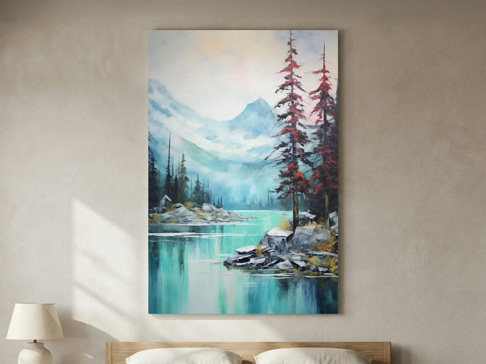 Misty Turquoise Alpine Lake Watercolor - Serene Mountain Landscape Wall Art