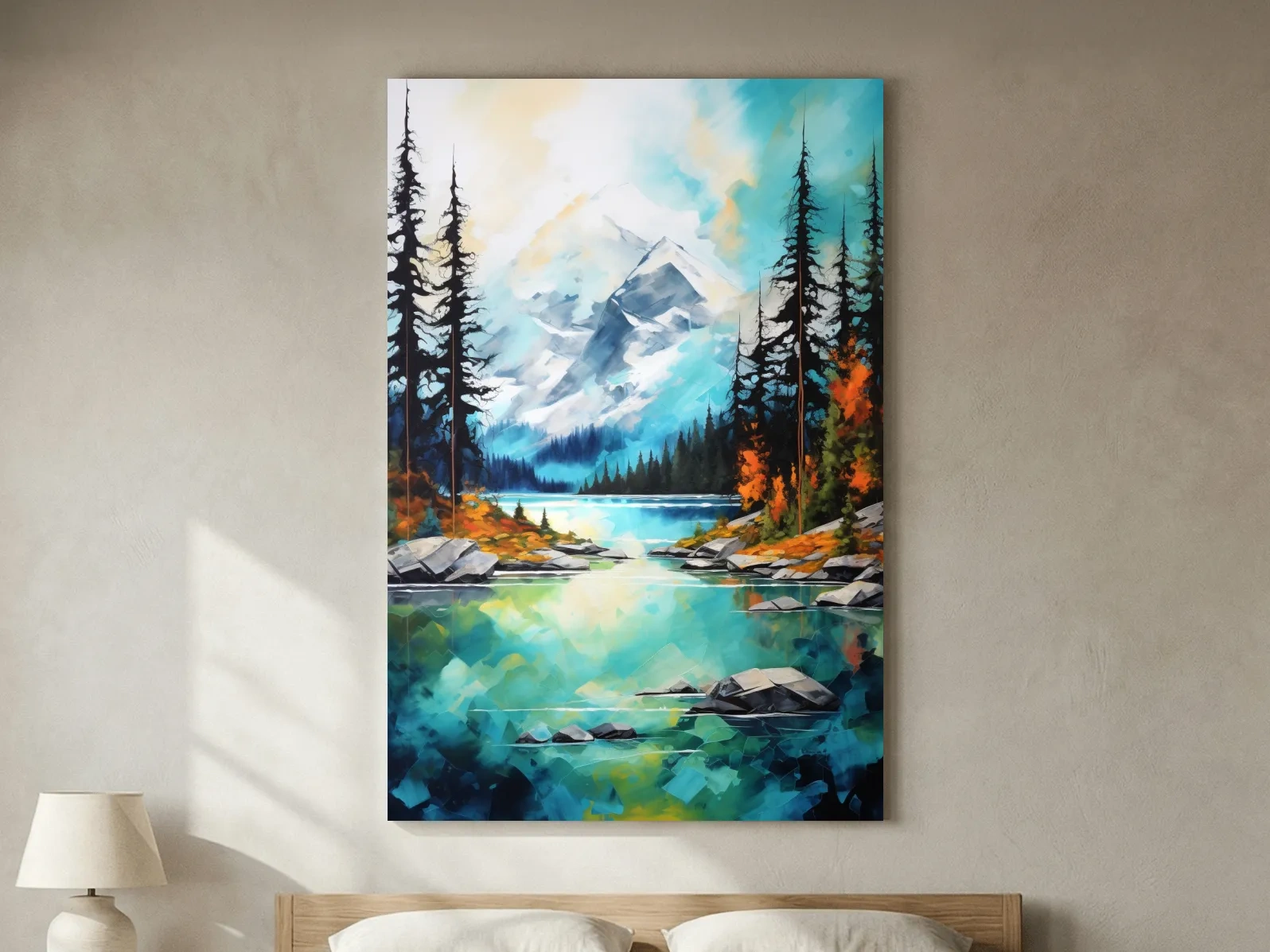 Turquoise Alpine Lake Mountain Painting - Colorful Watercolor Forest Wall Art