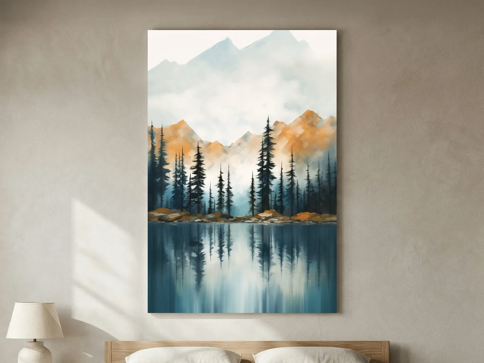 Misty Watercolor Mountain Lake Reflection - Serene Pine Forest Landscape Wall Art