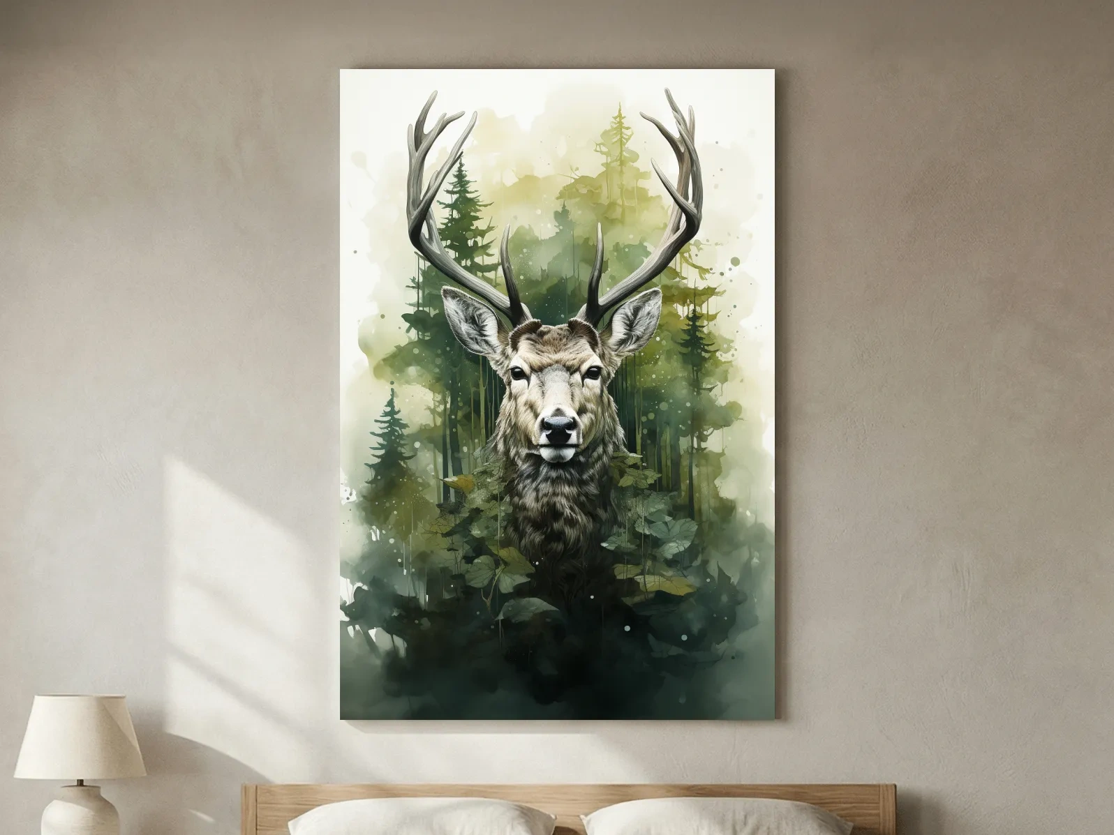 Watercolor Deer Portrait In Misty Pine Forest - Woodland Wildlife Wall Art