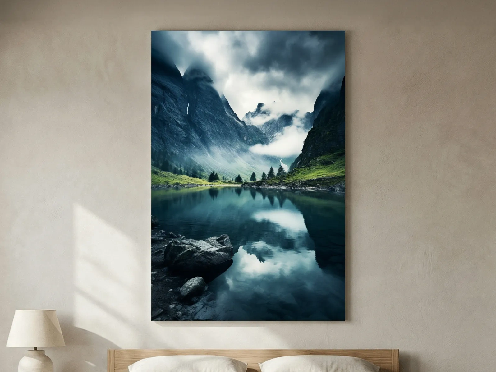 Moody Misty Alpine Lake Reflection - Dramatic Photographic Mountain Wall Art