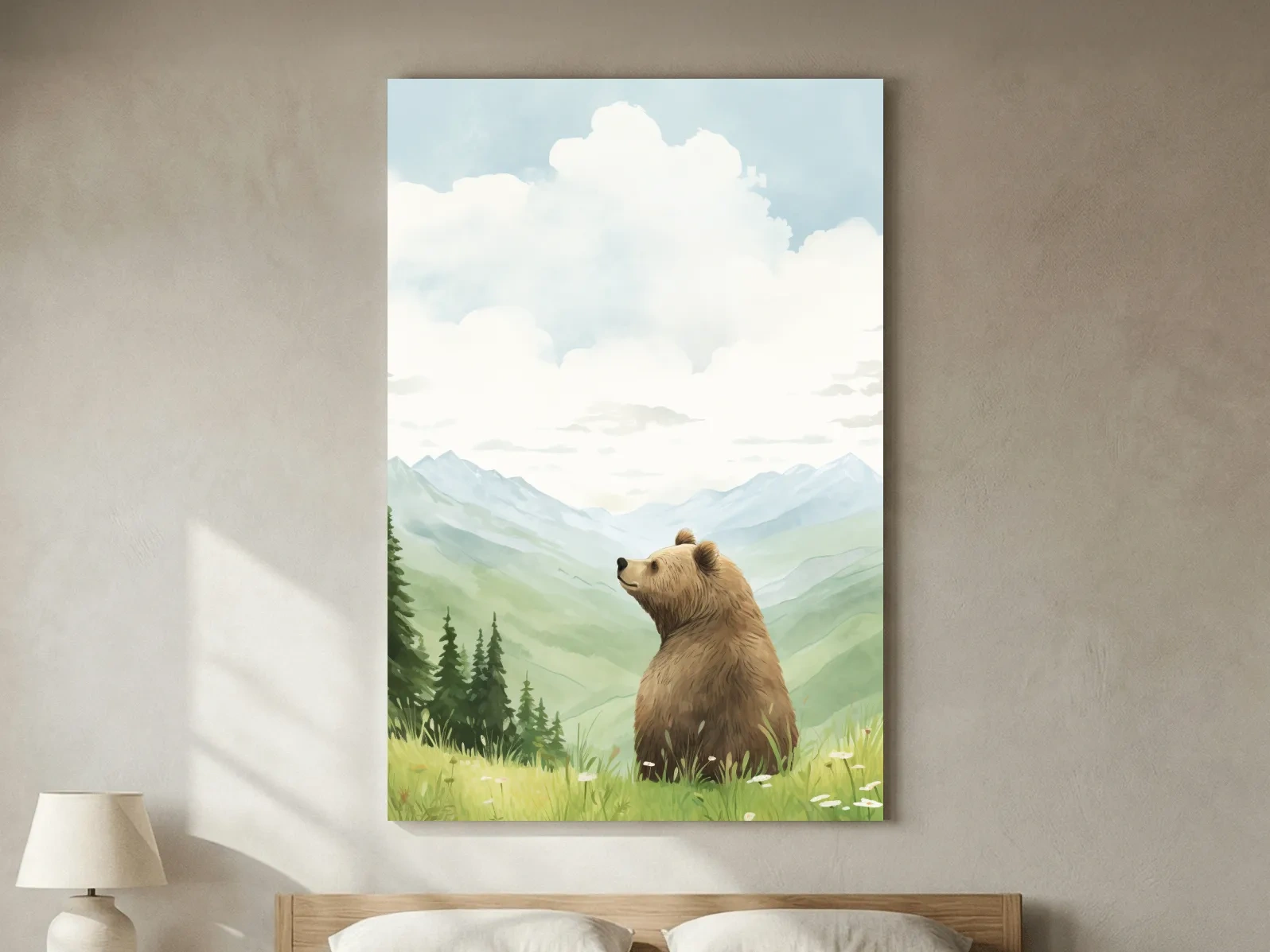 Whimsical Watercolor Bear In Mountain Meadow - Serene Nursery Wildlife Art