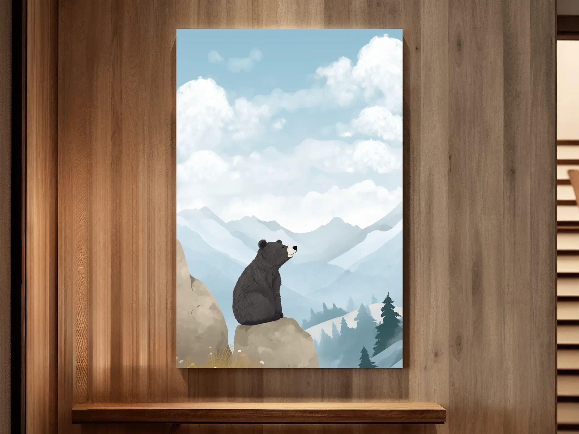 Whimsical Black Bear Mountain Landscape Illustration - Cute Animal Nursery Wall Art