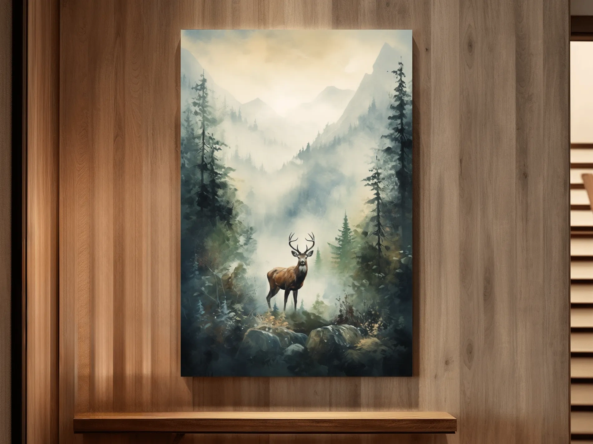 Misty Alpine Forest Deer Painting - Atmospheric Mountain Wildlife Wall Art
