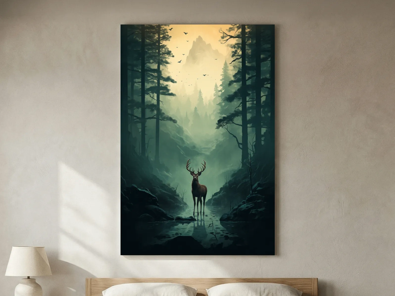 Moody Misty Forest Deer Stag Landscape - Atmospheric Wildlife Mountain Wall Art