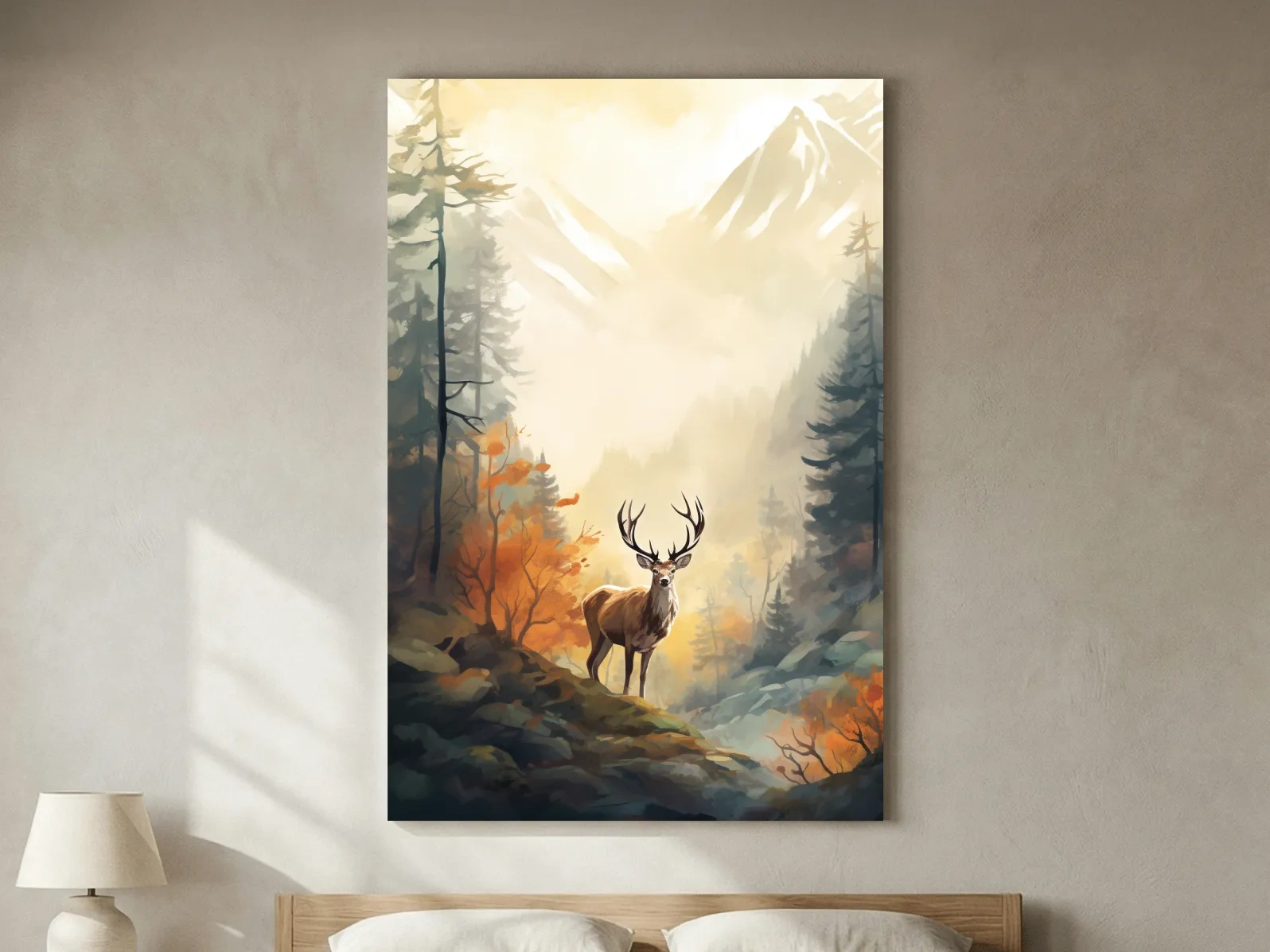 Majestic Stag In Misty Mountain Forest - Autumn Watercolor Wildlife Wall Art