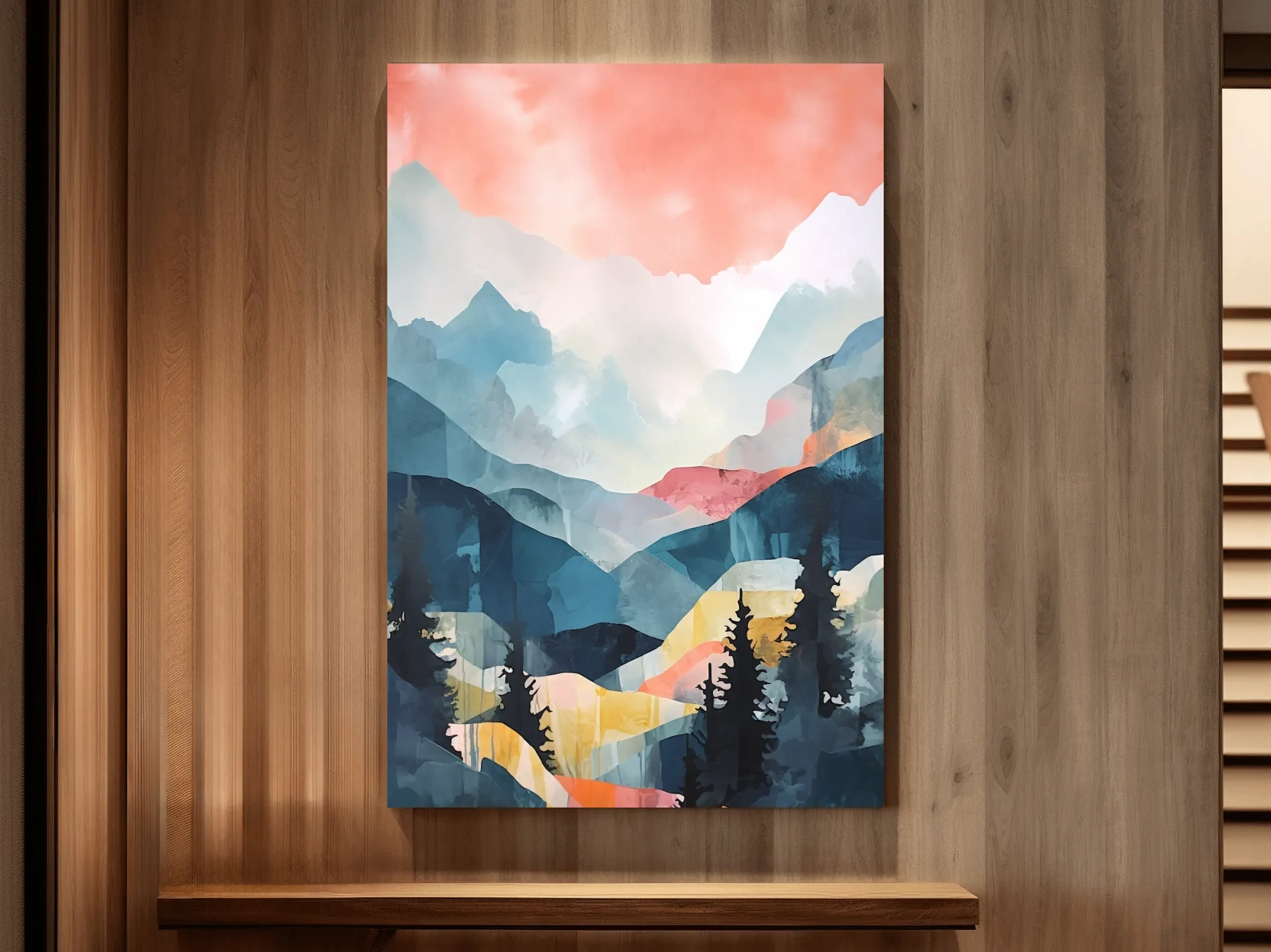 Abstract pastel painting - mountains and trees at sunset