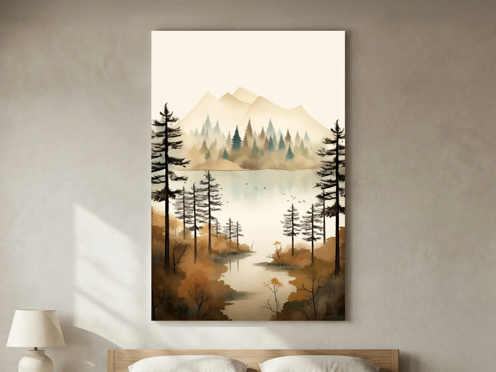 Misty Watercolor Mountain Lake Forest - Serene Alpine Wall Art