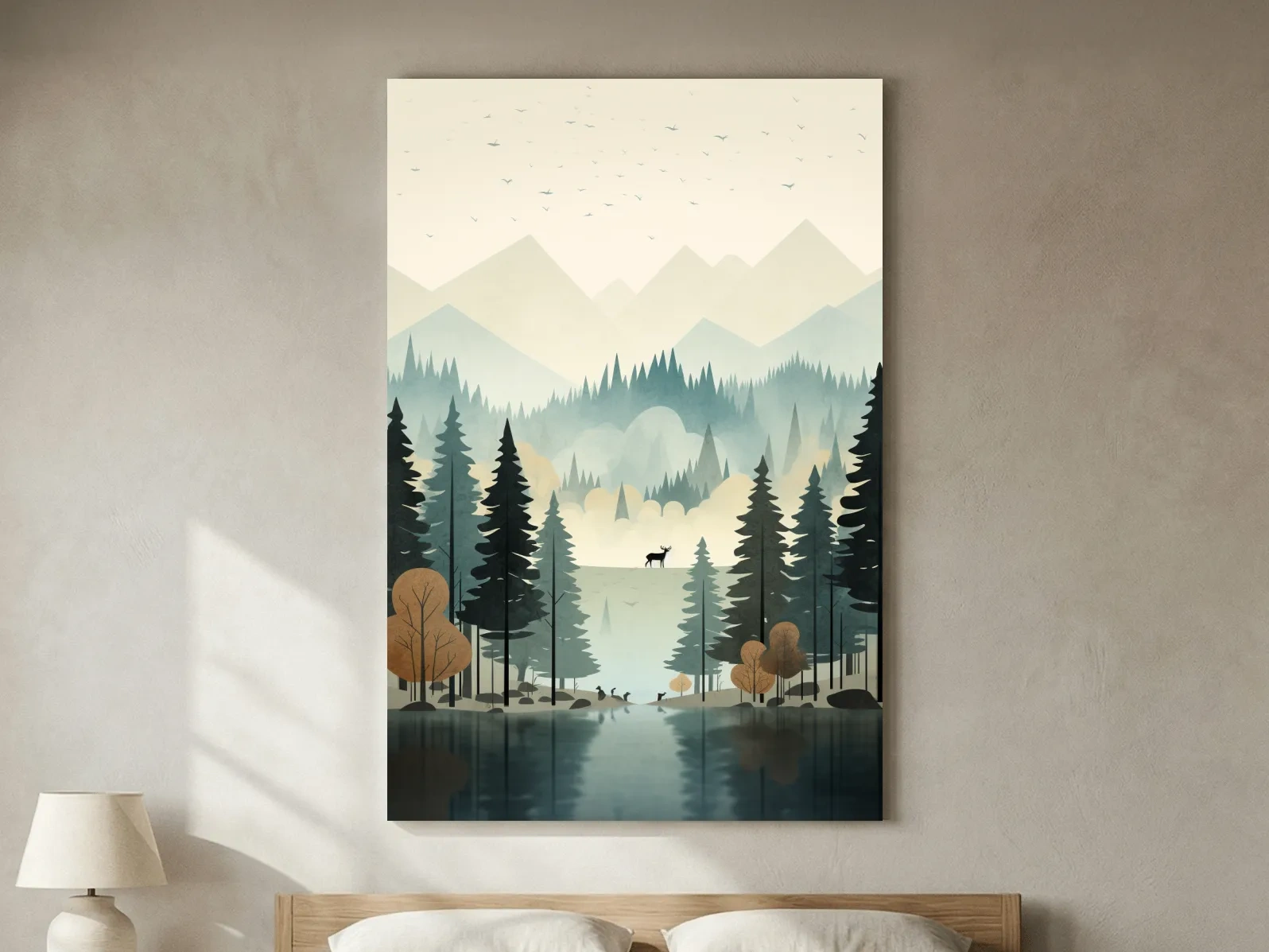 Alpine Lake Forest With Deer - Scandinavian Minimalist Wall Art
