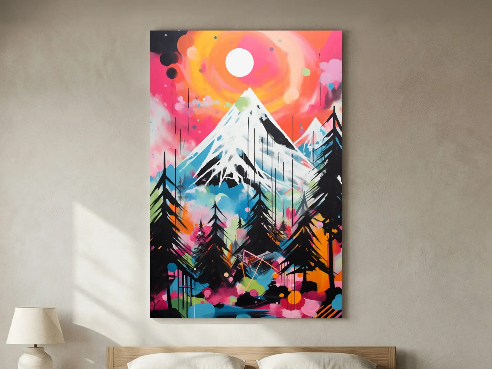 Vibrant Abstract Neon Mountain Glacier Sunset Painting - Colorful Alpine Wall Art