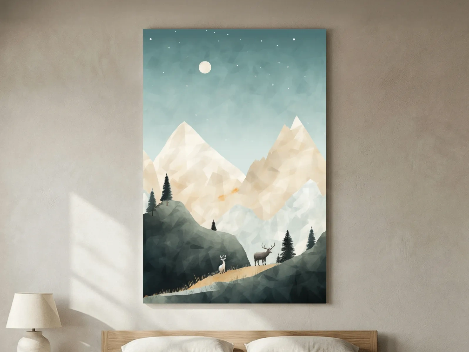 Mountain Deer Landscape Illustration - Minimalist Alpine Forest Wildlife Wall Art