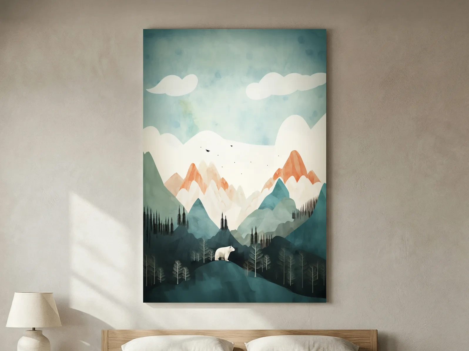 Whimsical Bear Alpine Mountain Landscape - Childrens Nursery Wall Art