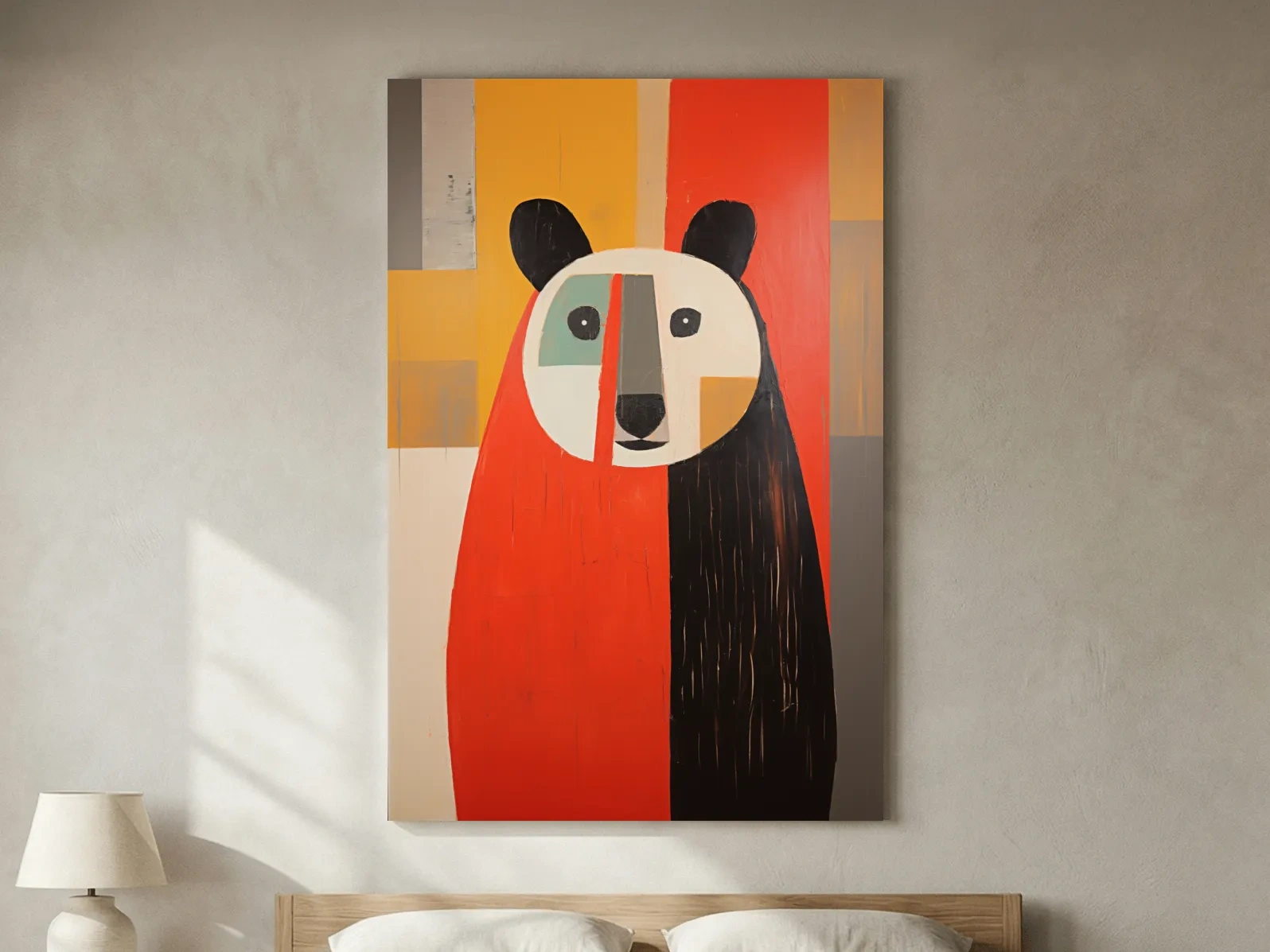 Bold Geometric Bear Portrait Painting - Quirky Abstract Animal Wall Art