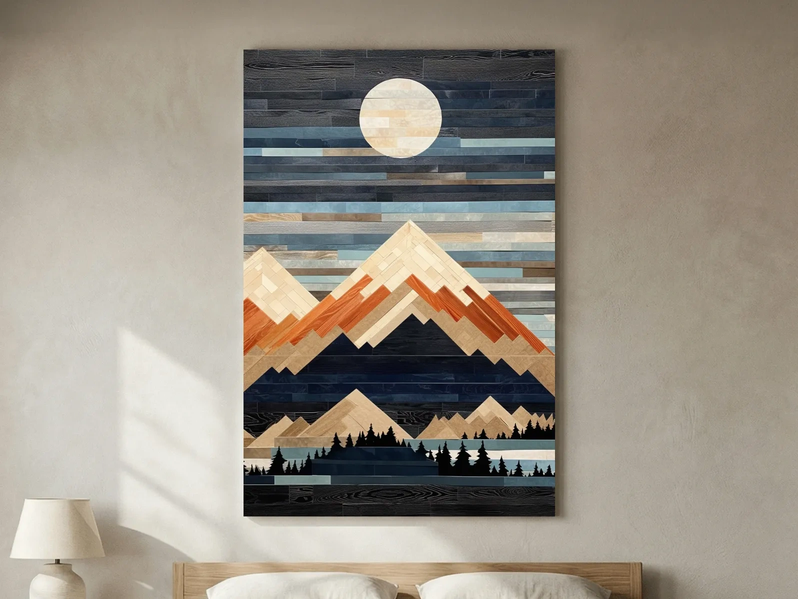 Geometric Wood Mosaic Mountain Range Under Full Moon - Modern Rustic Landscape Wall Art