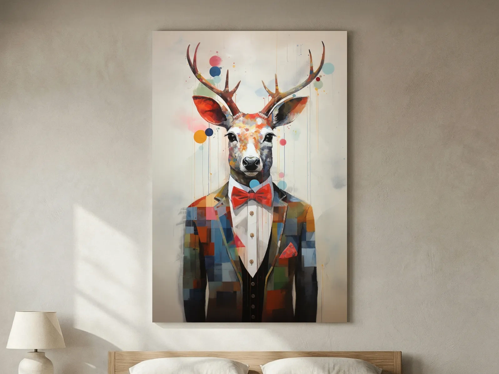 A collage style painting of a deer in a tuxedo
