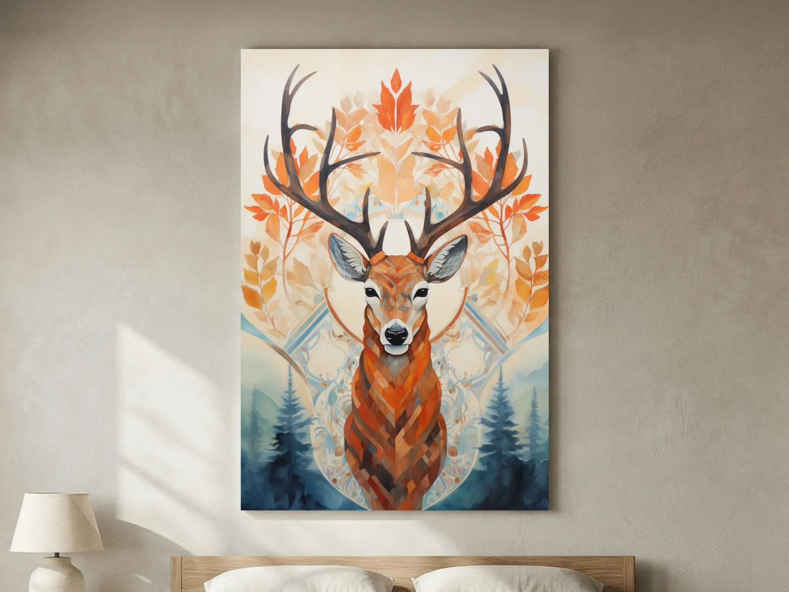 Ornate Stag Deer Watercolor Portrait - Autumn Woodland Wildlife Wall Art