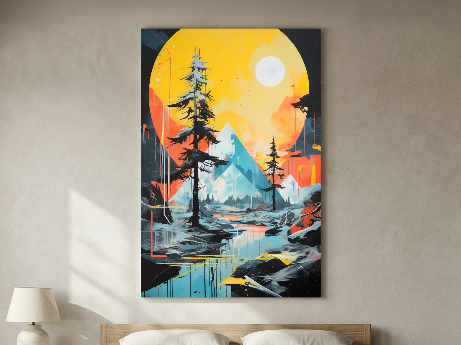 Vibrant Abstract Mountain Lake Sunset Painting - Modern Geometric Pine Forest Wall Art