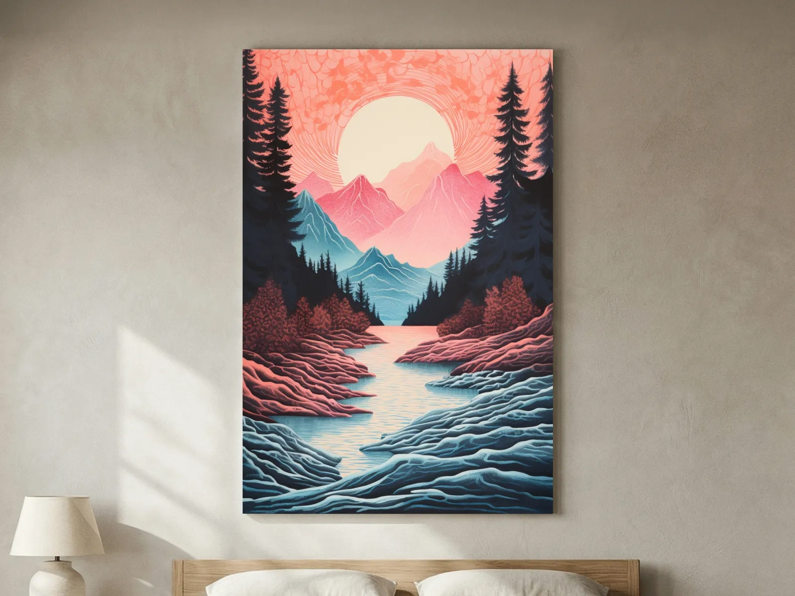  Risograph style illustration of an alpine valley at sunset 