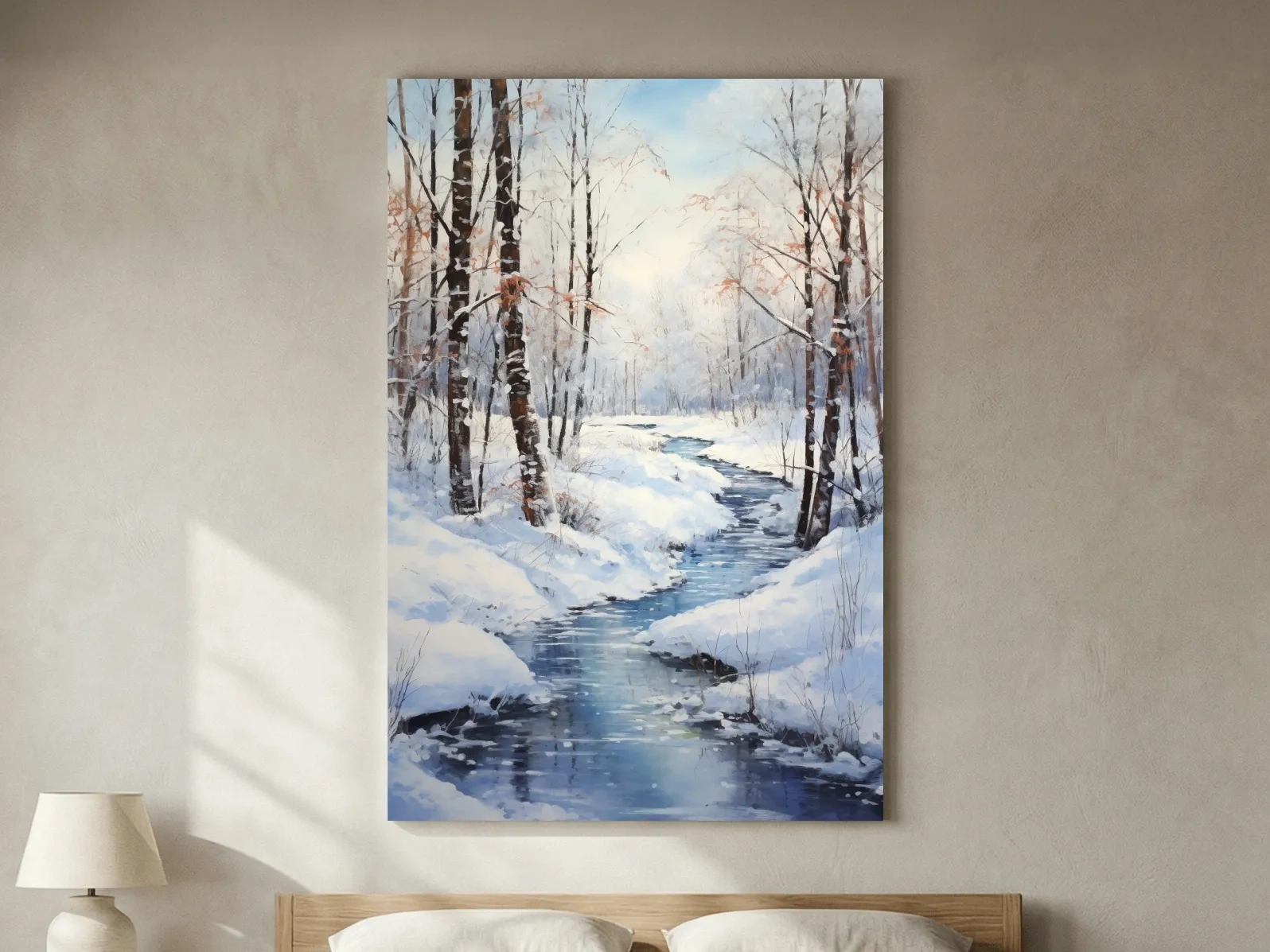 Serene Winter River Forest Painting - Snowy Woodland Wall Art
