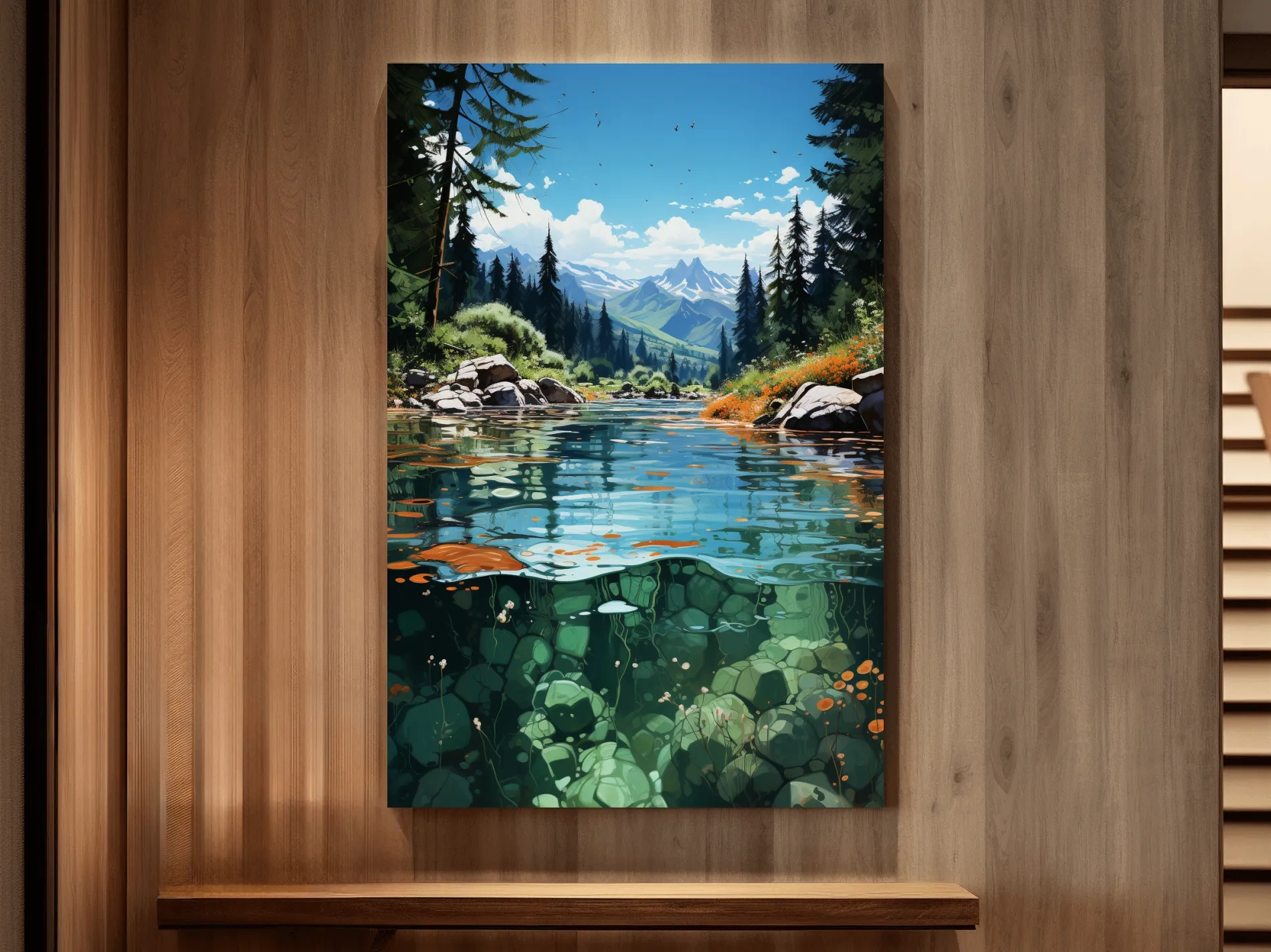 Crystal Clear Alpine River Landscape Illustration - Vibrant Mountain Forest Artwork