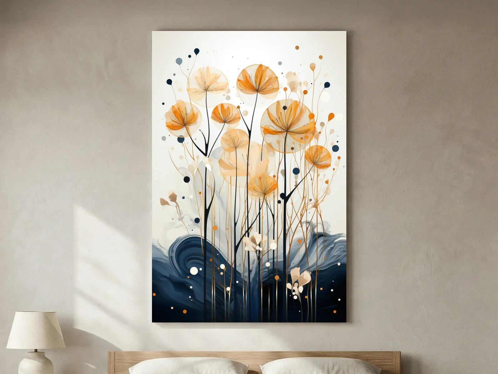 Abstract Golden Wildflower Ink Wash - Botanical Boho Wall Art