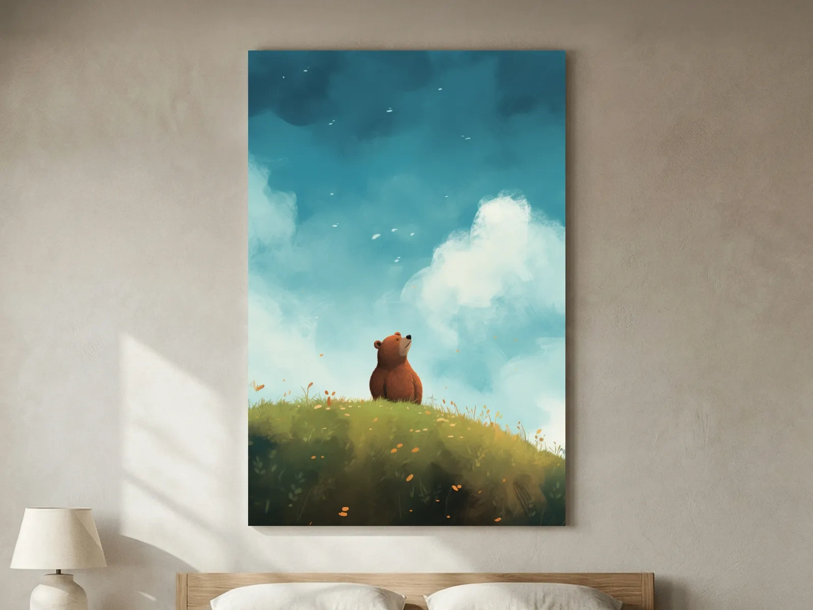 Whimsical Bear Cub Meadow Illustration - Cute Woodland Nursery Wall Art