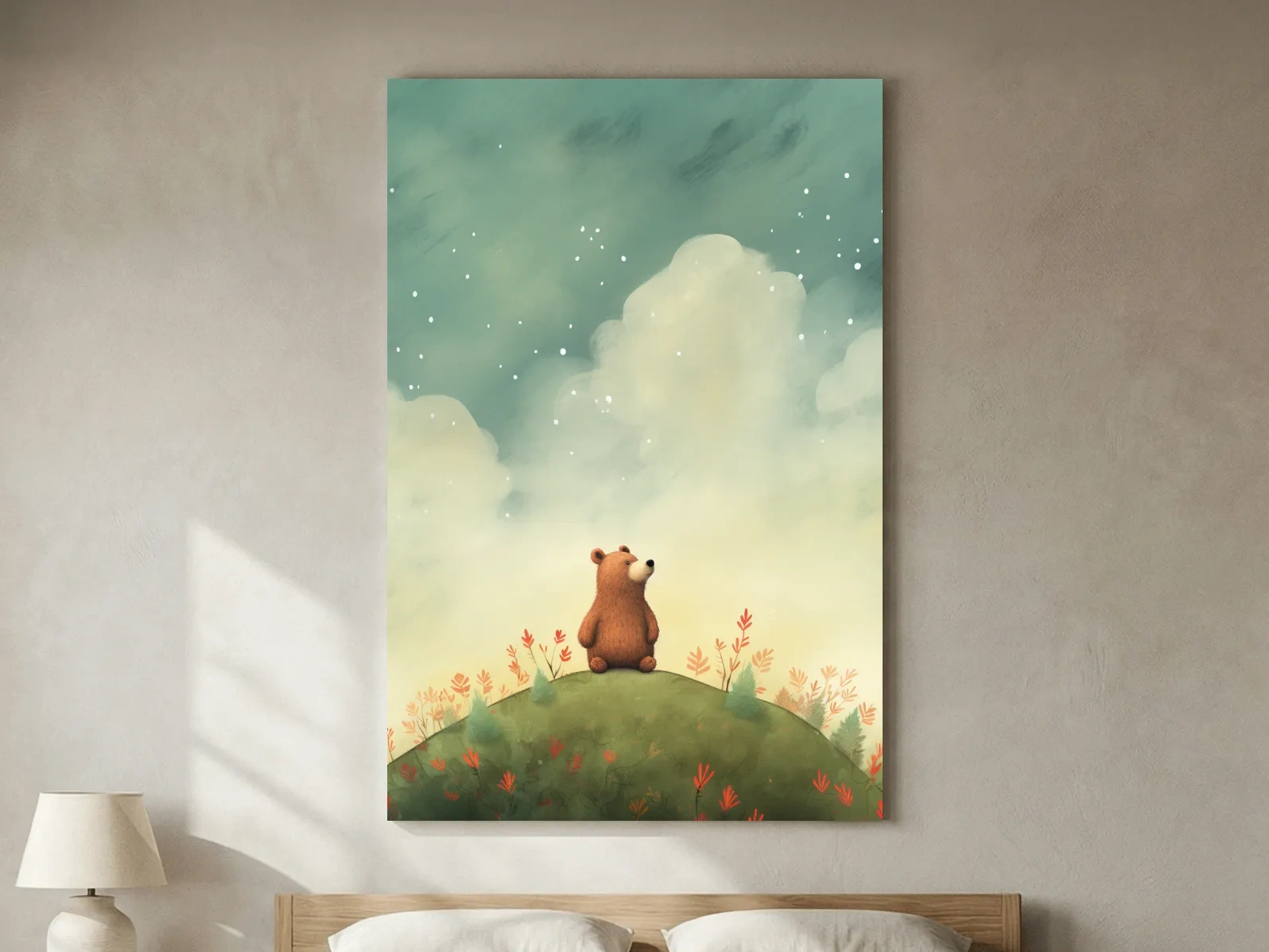 Whimsical Bear Cub Under Starry Sky - Nursery Watercolor Illustration Wall Art