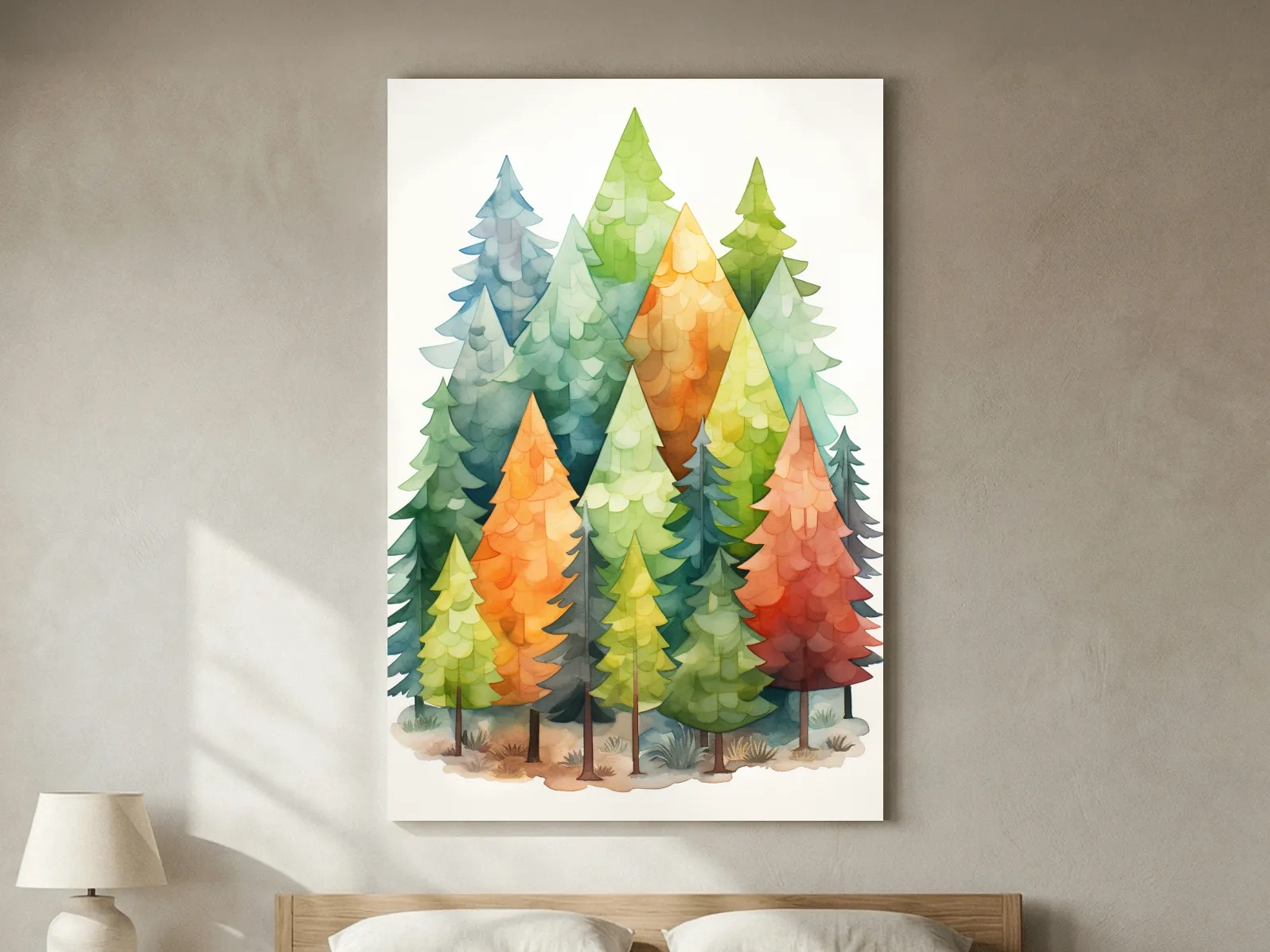 Whimsical Watercolor Pine Forest Illustration - Colorful Scandinavian Nature Wall Art
