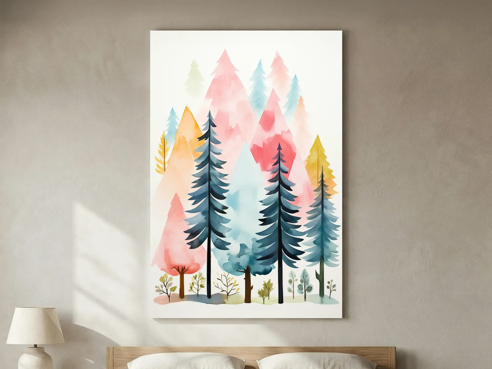 Pastel Watercolor Pine Forest - Colorful Scandinavian Nature Wall Art