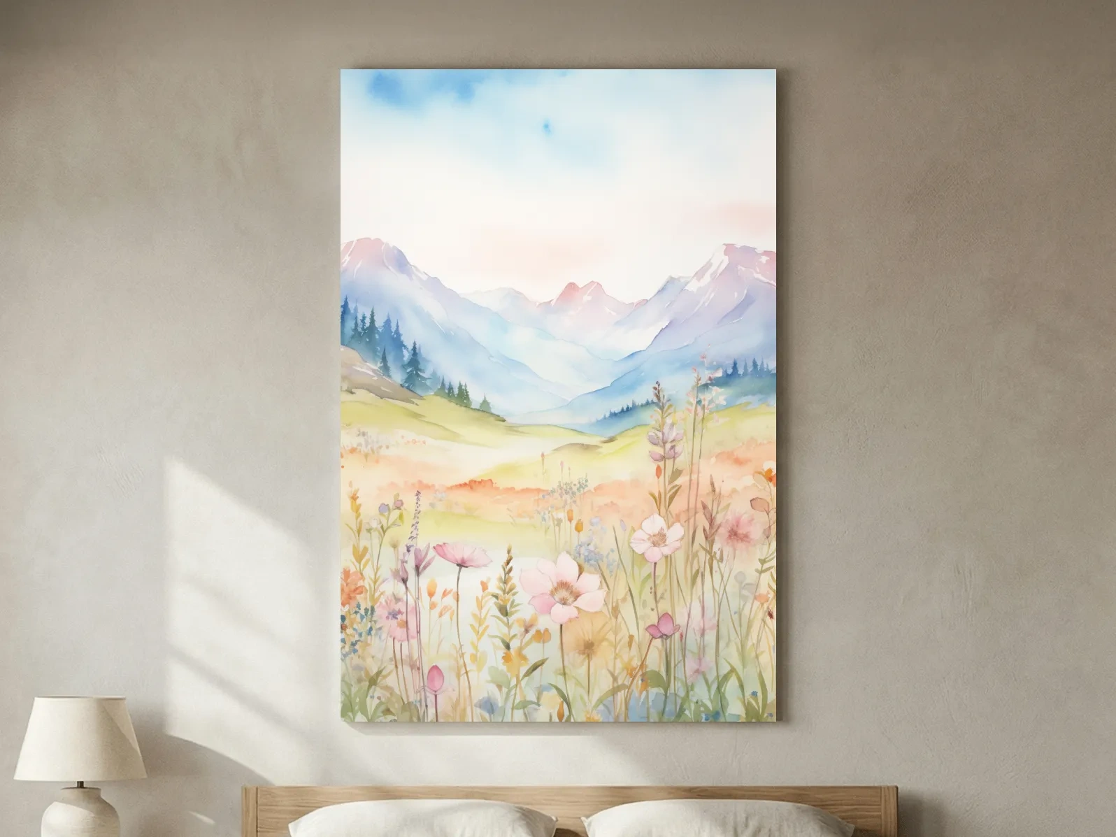 Pastel Watercolor Wildflower Meadow Mountains - Serene Floral Alpine Wall Art