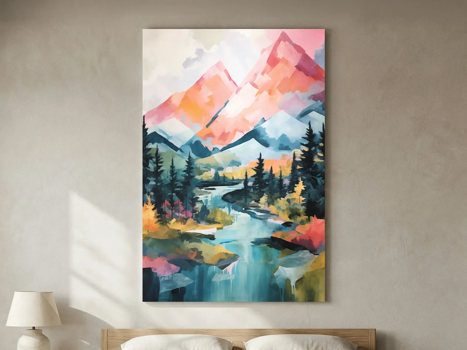 Vibrant Mountain River Landscape Painting - Colorful Alpine Forest Wall Art