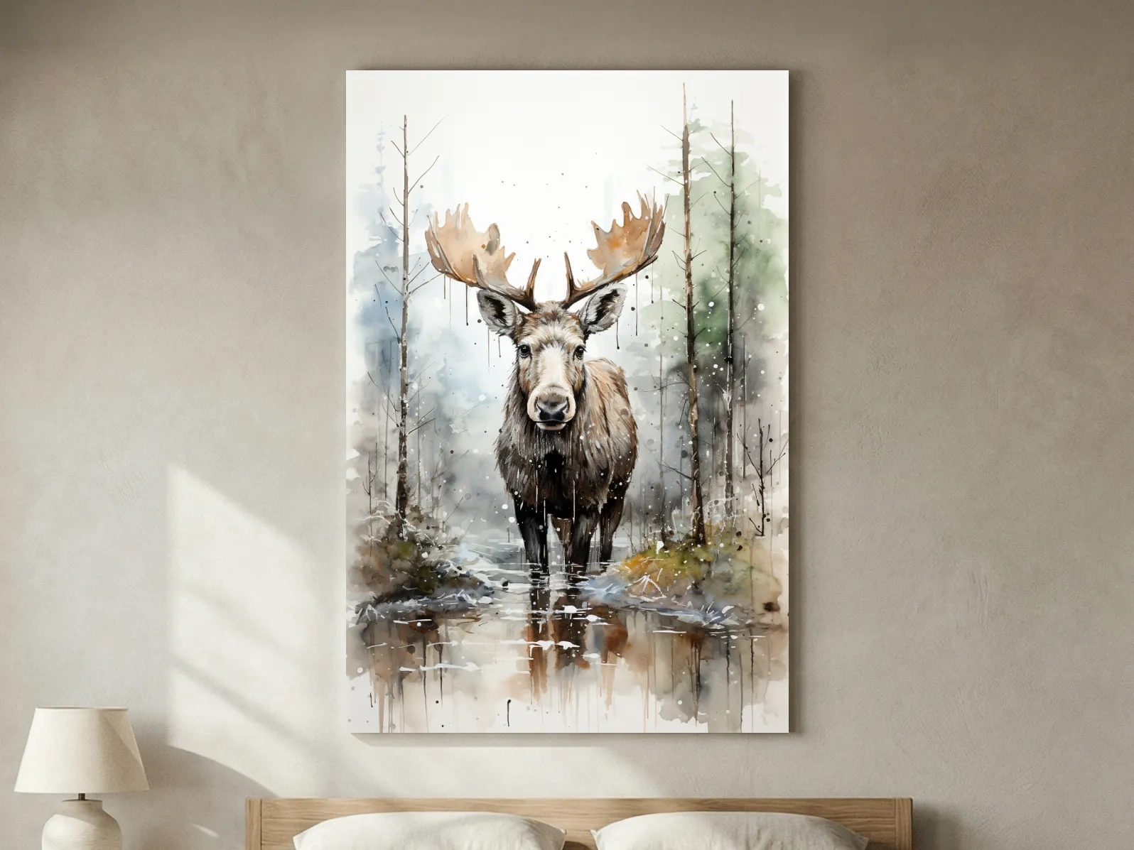 Watercolor Moose In Misty Forest - Rustic Woodland Wildlife Painting Wall Art